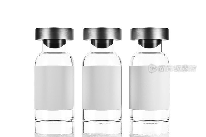 里面的药看起来是一种透明无色的液体。药瓶模型。它是一个小的，透明的玻璃容器，有一个狭窄的颈和一个橡胶塞。3 d渲染。